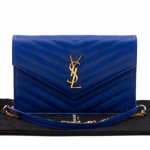 Saint Laurent Cassandre Envelope Chain Wallet Blue Grained Leather